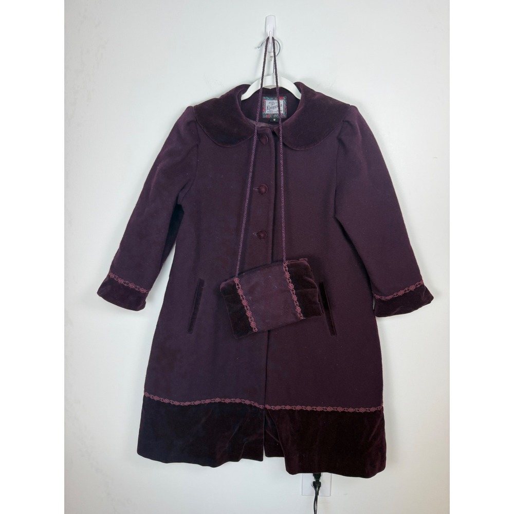 VTG Rothschild Girls Purple Wool Coat Velvet Trim Peter Pan Collar Size 12 Muff